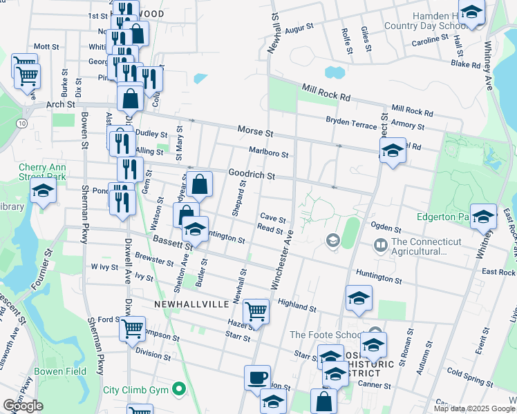 map of restaurants, bars, coffee shops, grocery stores, and more near 375 Newhall Street in New Haven