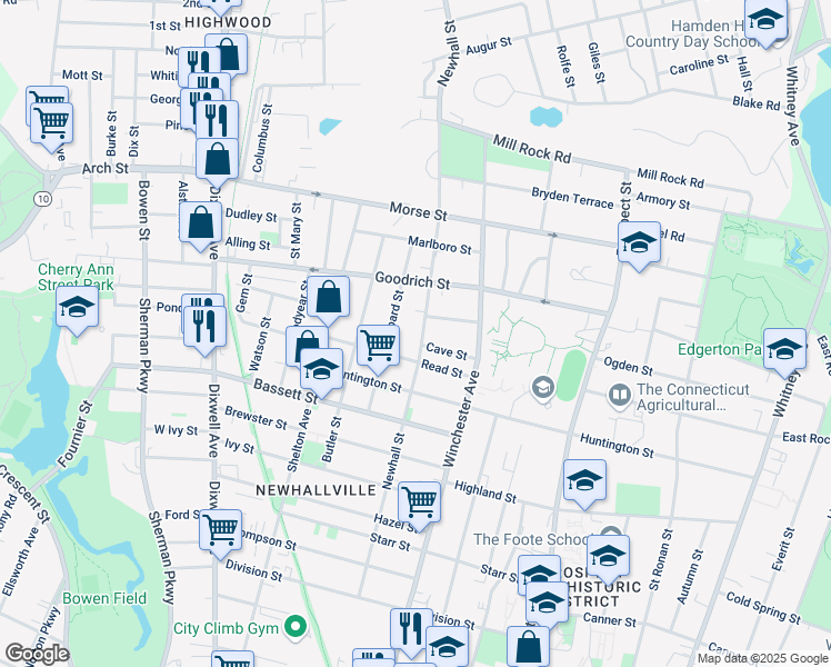 map of restaurants, bars, coffee shops, grocery stores, and more near 375 Newhall Street in New Haven
