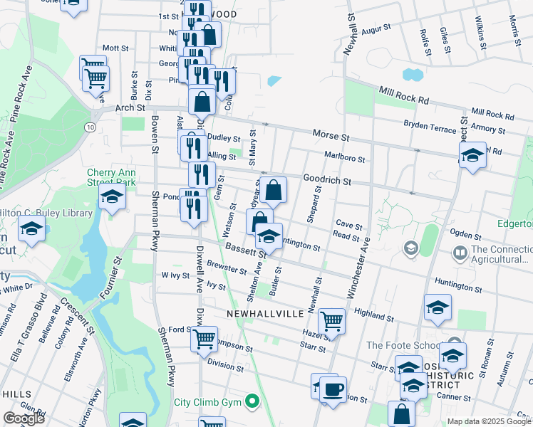 map of restaurants, bars, coffee shops, grocery stores, and more near 89 Goodyear Street in New Haven