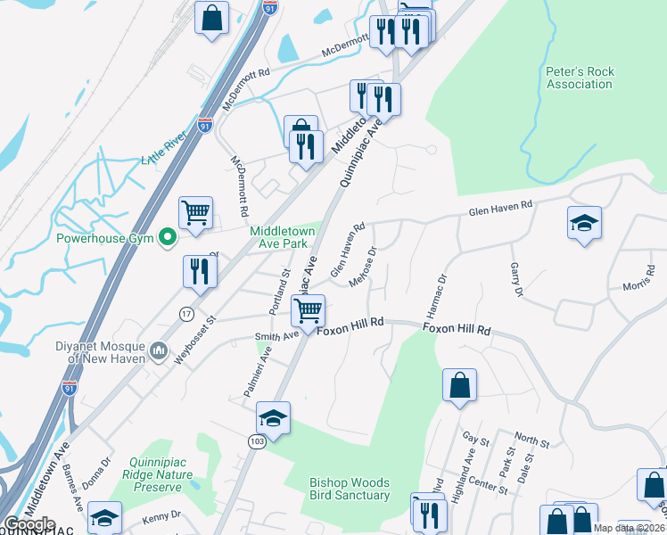 map of restaurants, bars, coffee shops, grocery stores, and more near 1763 Quinnipiac Avenue in New Haven