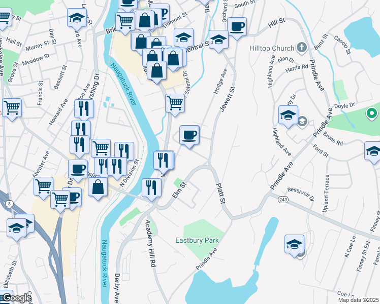 map of restaurants, bars, coffee shops, grocery stores, and more near 52 Platt Street in Ansonia