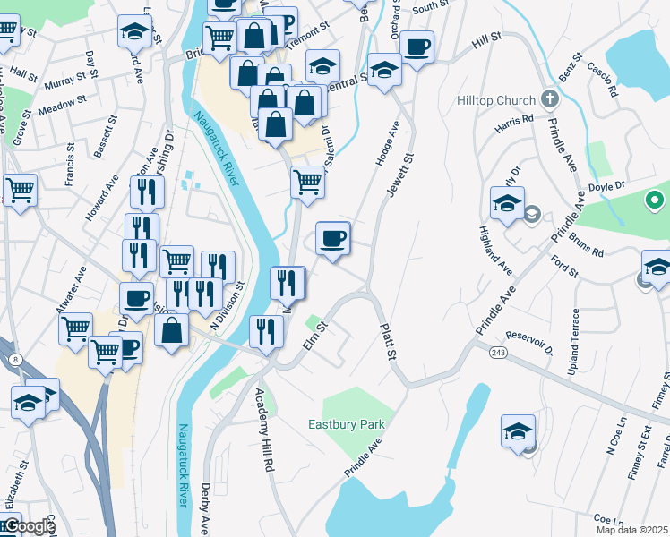 map of restaurants, bars, coffee shops, grocery stores, and more near 52 Platt Street in Ansonia
