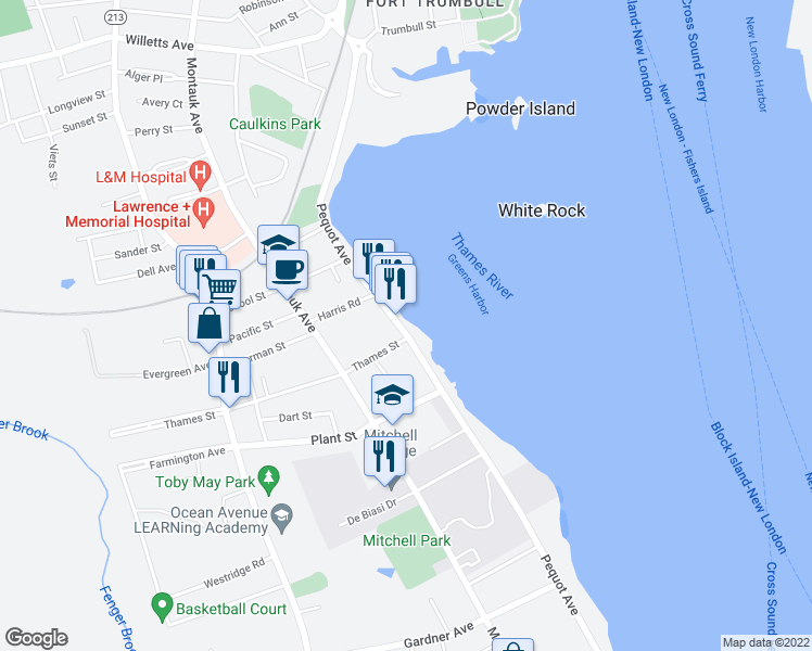 map of restaurants, bars, coffee shops, grocery stores, and more near 265R Pequot Avenue in New London