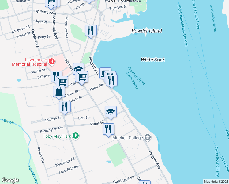 map of restaurants, bars, coffee shops, grocery stores, and more near 265R Pequot Avenue in New London