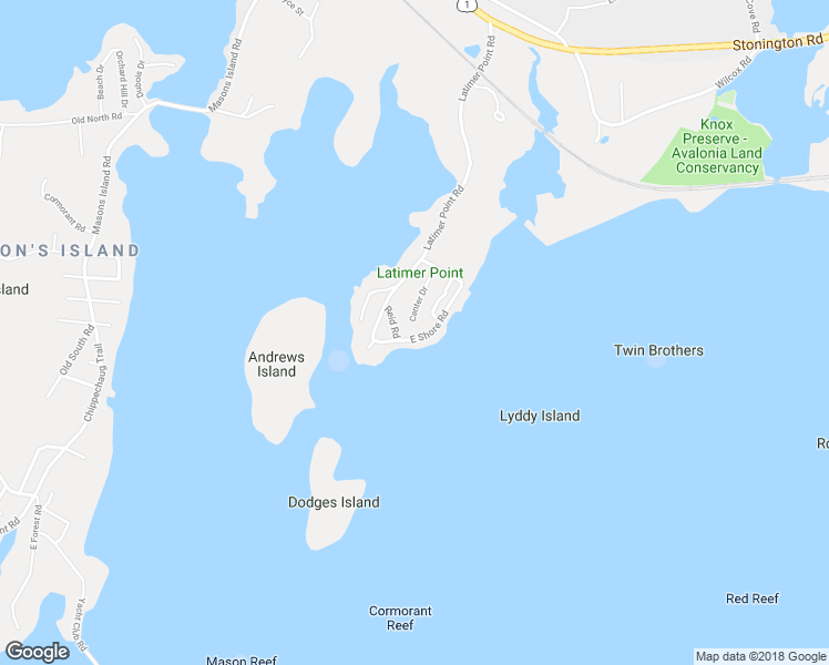 map of restaurants, bars, coffee shops, grocery stores, and more near 54 East Shore Road in Stonington