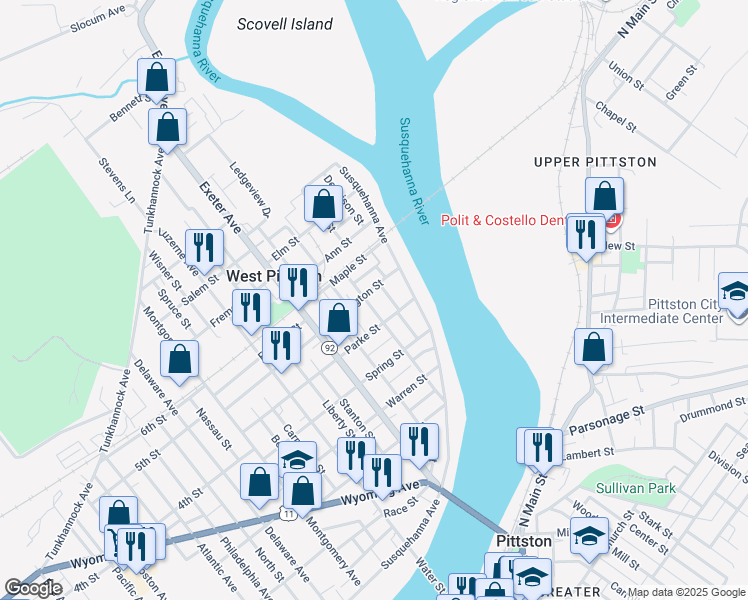 map of restaurants, bars, coffee shops, grocery stores, and more near 310 York Avenue in West Pittston