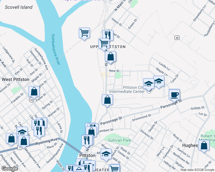 map of restaurants, bars, coffee shops, grocery stores, and more near 3 Benedict Street in Pittston