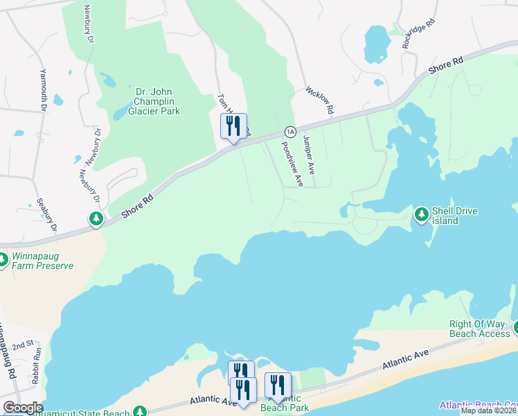 map of restaurants, bars, coffee shops, grocery stores, and more near 20 Vía Roma in Westerly