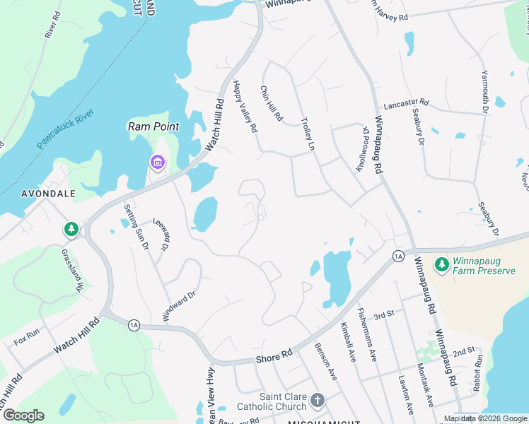 map of restaurants, bars, coffee shops, grocery stores, and more near 13 Bottom Ridge in Westerly