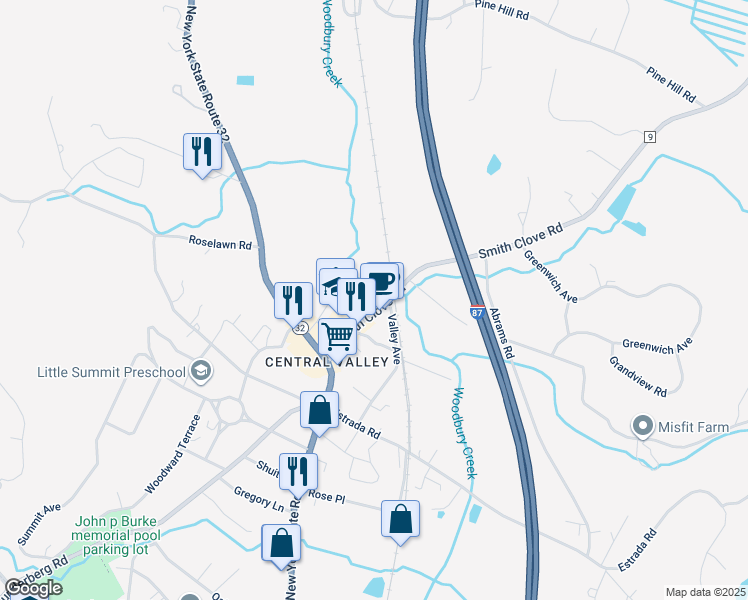map of restaurants, bars, coffee shops, grocery stores, and more near 43 Smith Clove Road in Woodbury