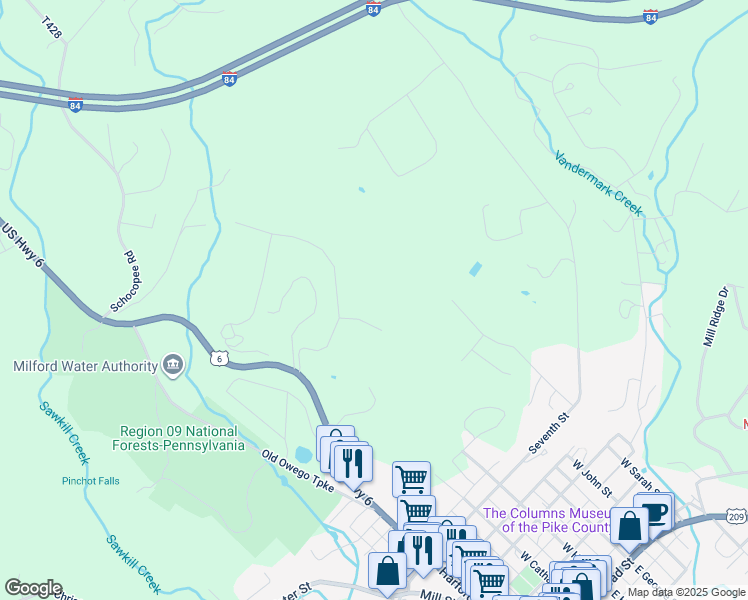 map of restaurants, bars, coffee shops, grocery stores, and more near 104 Milford Heights Terrace in Milford