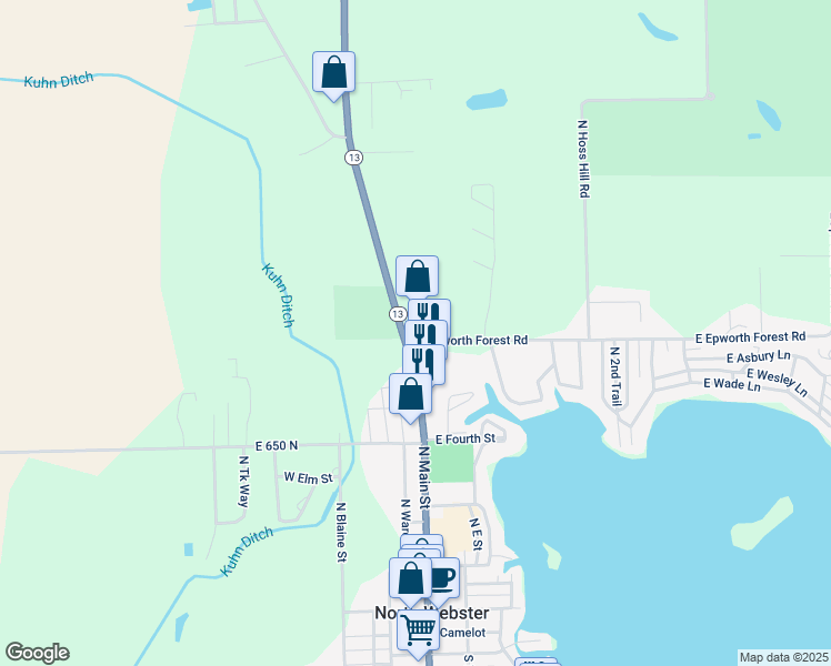 map of restaurants, bars, coffee shops, grocery stores, and more near 6772 Indiana 13 in North Webster