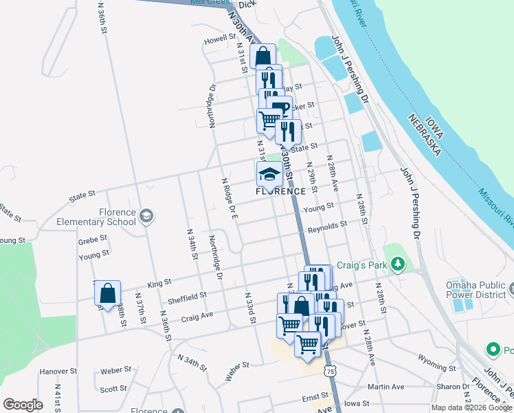 map of restaurants, bars, coffee shops, grocery stores, and more near 3122 Grebe Street in Omaha