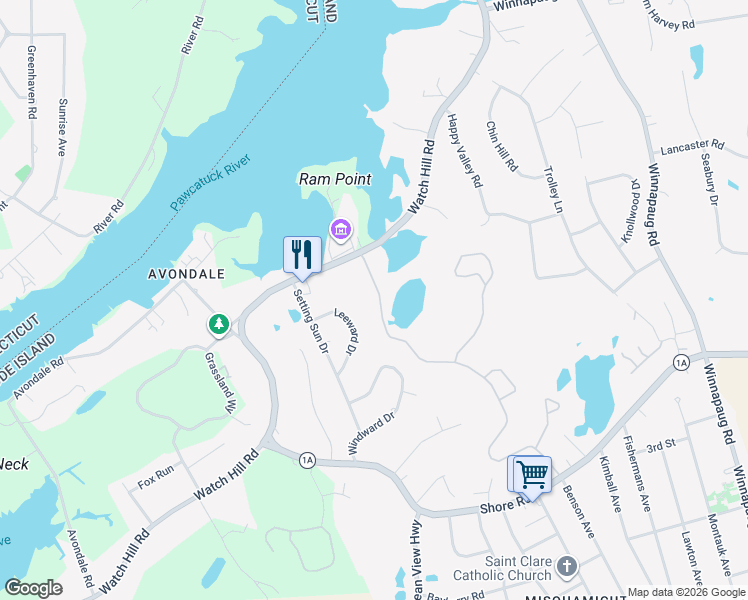 map of restaurants, bars, coffee shops, grocery stores, and more near 5 Ice Pond Road in Westerly