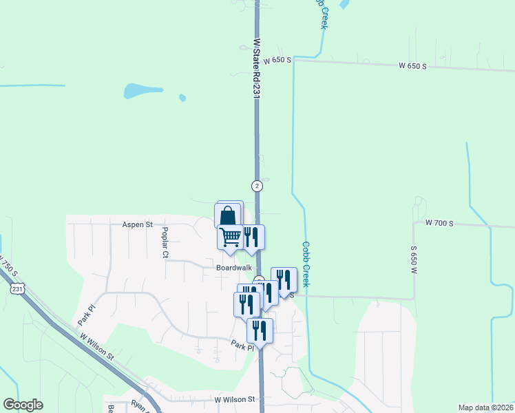 map of restaurants, bars, coffee shops, grocery stores, and more near 1459 South State Road 2 in Hebron