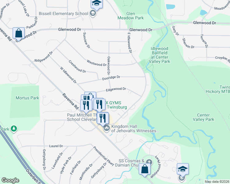 map of restaurants, bars, coffee shops, grocery stores, and more near 1924 Edgewood Drive in Twinsburg