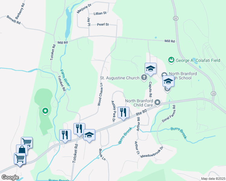 map of restaurants, bars, coffee shops, grocery stores, and more near 34 Ashley Park Drive in North Branford