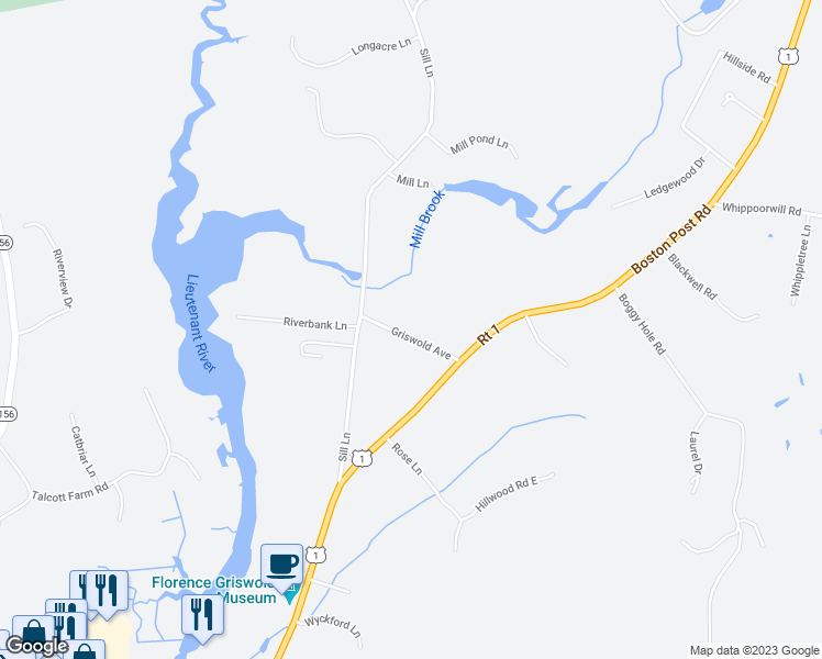map of restaurants, bars, coffee shops, grocery stores, and more near 11 Griswold Avenue in Old Lyme