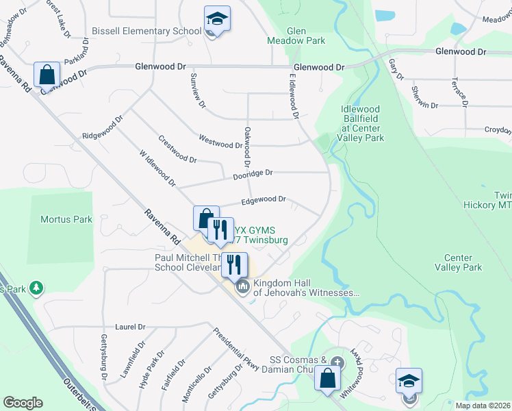 map of restaurants, bars, coffee shops, grocery stores, and more near 1924 Edgewood Drive in Twinsburg