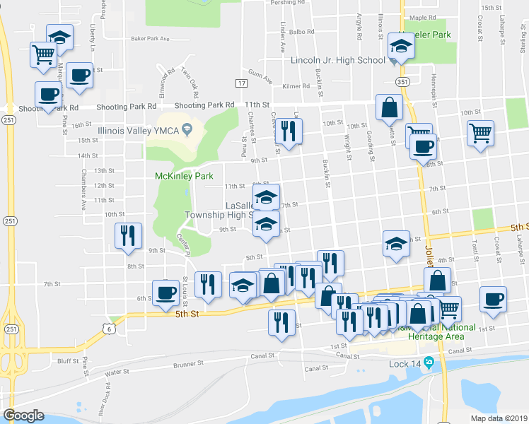 map of restaurants, bars, coffee shops, grocery stores, and more near 104 7th Street in LaSalle