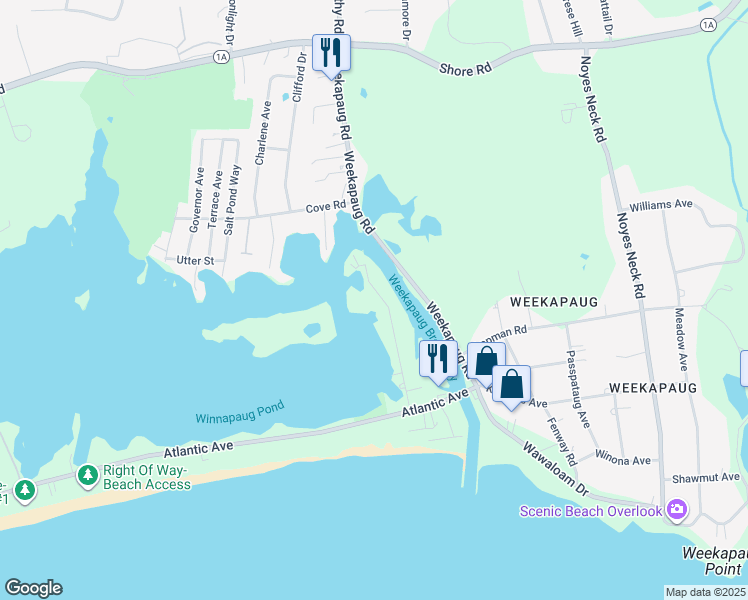 map of restaurants, bars, coffee shops, grocery stores, and more near 68 Breach Drive in Westerly