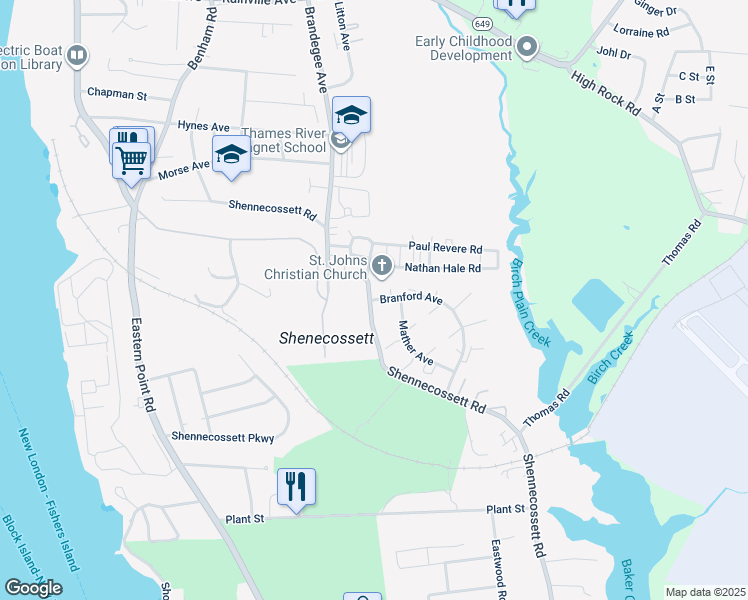 map of restaurants, bars, coffee shops, grocery stores, and more near 346 Shennecossett Road in Groton