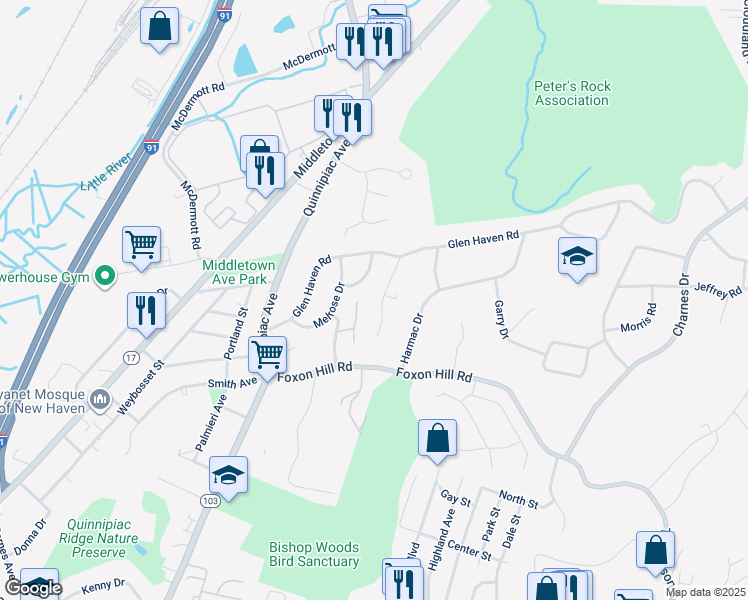 map of restaurants, bars, coffee shops, grocery stores, and more near 44 Oak Ridge Drive in New Haven