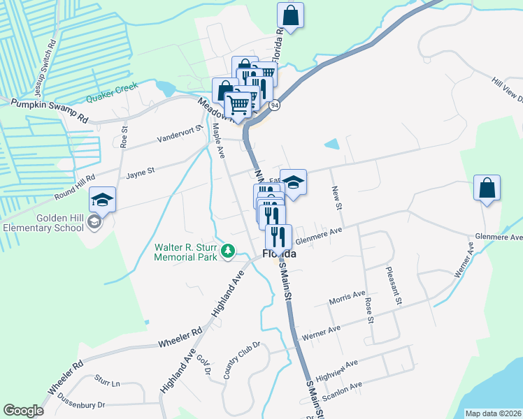 map of restaurants, bars, coffee shops, grocery stores, and more near 80 North Main Street in Florida