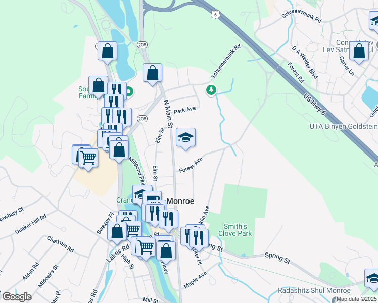 map of restaurants, bars, coffee shops, grocery stores, and more near 212 North Main Street in Monroe