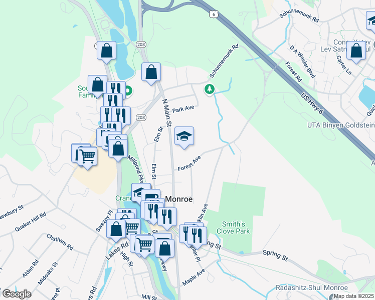 map of restaurants, bars, coffee shops, grocery stores, and more near 212 North Main Street in Monroe