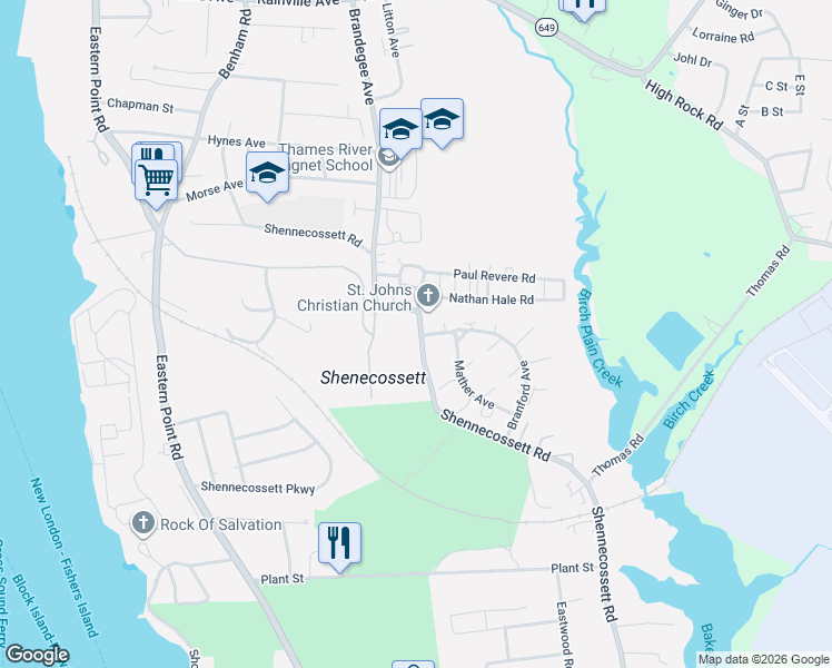 map of restaurants, bars, coffee shops, grocery stores, and more near 568 Shennecossett Road in Groton