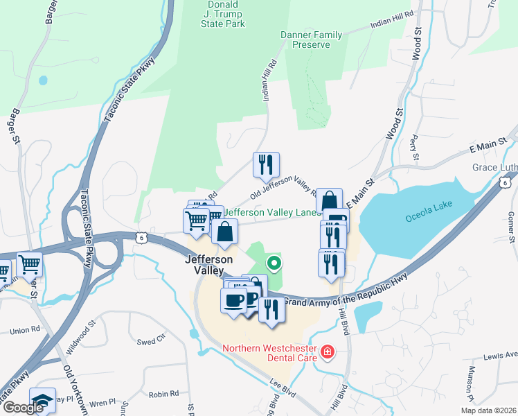 map of restaurants, bars, coffee shops, grocery stores, and more near 620 East Main Street in Jefferson Valley