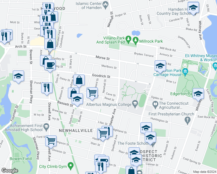 map of restaurants, bars, coffee shops, grocery stores, and more near 38 Lander Street in New Haven