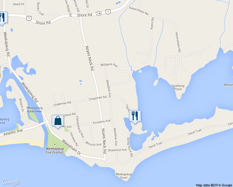 map of restaurants, bars, coffee shops, grocery stores, and more near 58 Chapman Road in Westerly