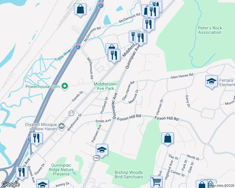map of restaurants, bars, coffee shops, grocery stores, and more near 1763 Quinnipiac Avenue in New Haven
