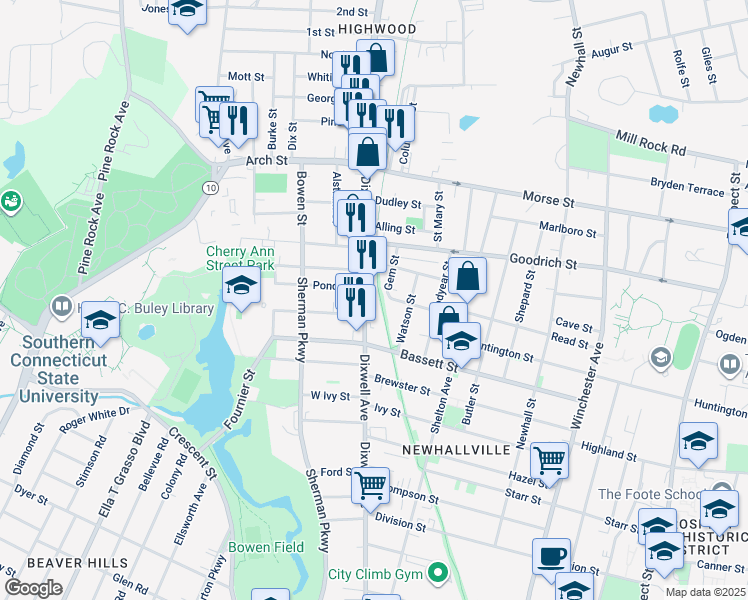 map of restaurants, bars, coffee shops, grocery stores, and more near 765 Dixwell Avenue in New Haven