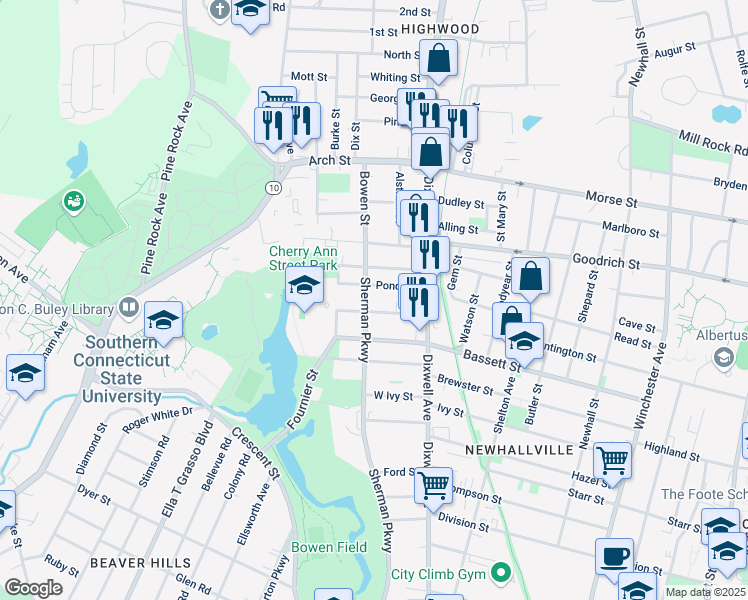 map of restaurants, bars, coffee shops, grocery stores, and more near 58 Pond Street in New Haven