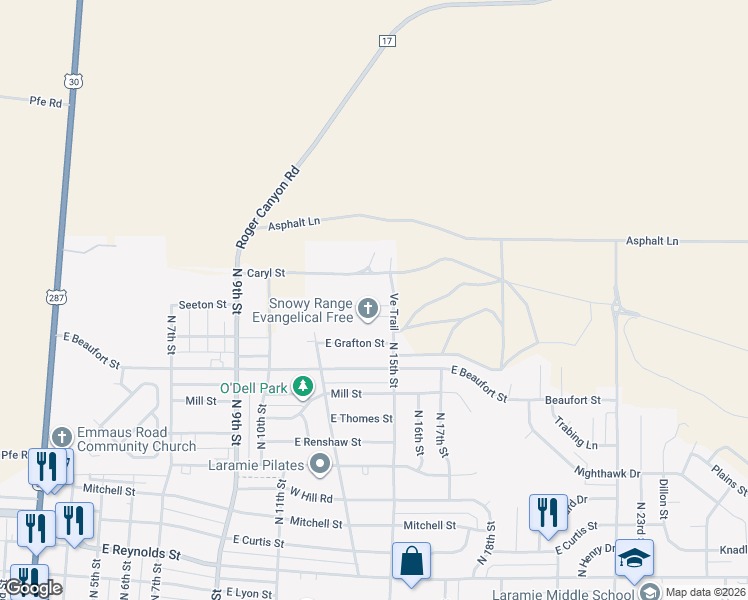 map of restaurants, bars, coffee shops, grocery stores, and more near 1431 Thaxton Court in Laramie