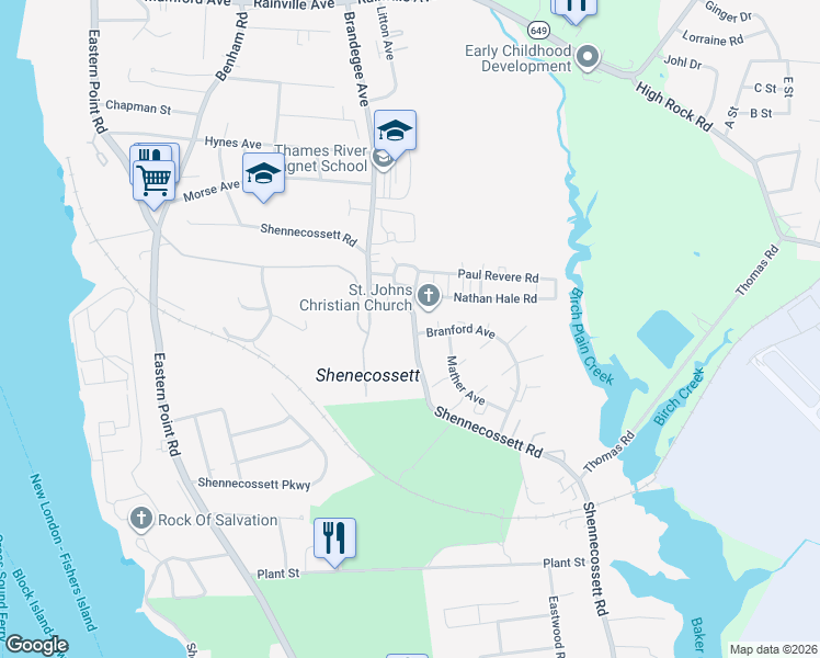 map of restaurants, bars, coffee shops, grocery stores, and more near 544 Shennecossett Road in Groton