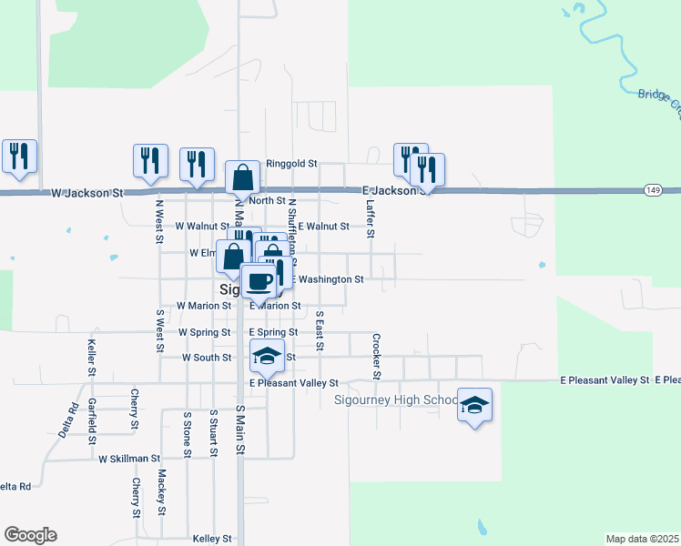 map of restaurants, bars, coffee shops, grocery stores, and more near 418 East Washington Street in Sigourney