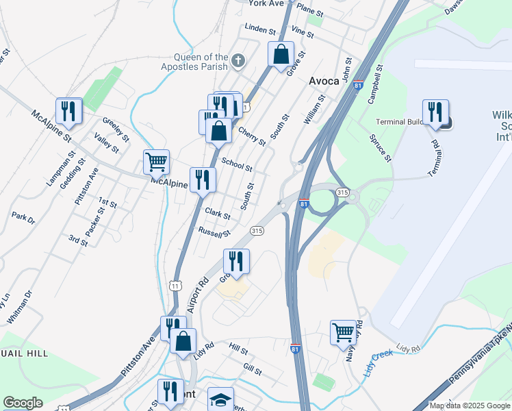 map of restaurants, bars, coffee shops, grocery stores, and more near 1108 McAlpine St in Avoca