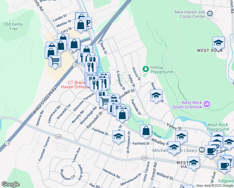 map of restaurants, bars, coffee shops, grocery stores, and more near 54 East Ramsdell Street in New Haven