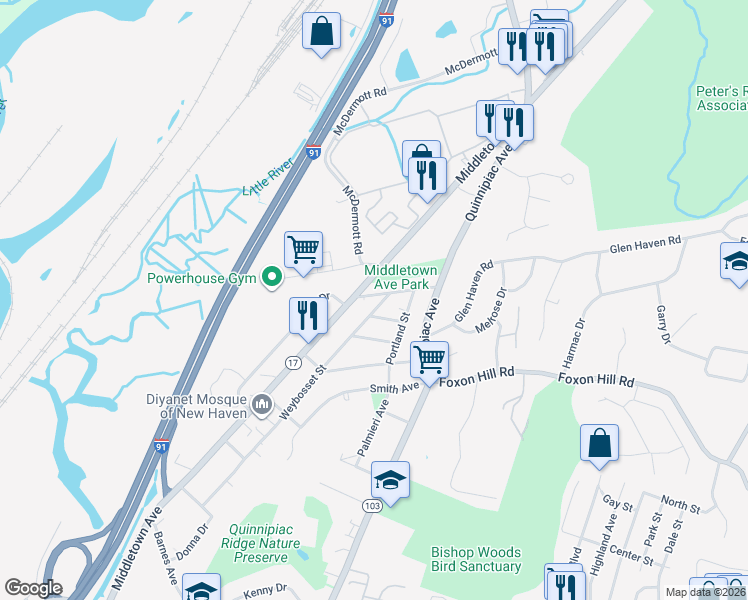 map of restaurants, bars, coffee shops, grocery stores, and more near 35 Westminster Street in New Haven
