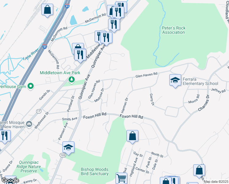 map of restaurants, bars, coffee shops, grocery stores, and more near 49 Oak Ridge Drive in New Haven