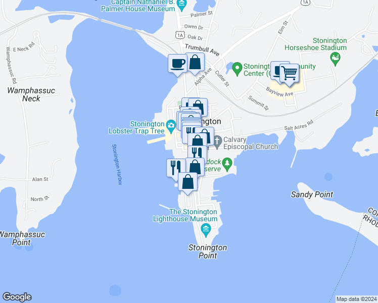 map of restaurants, bars, coffee shops, grocery stores, and more near 112 Water Street in Stonington