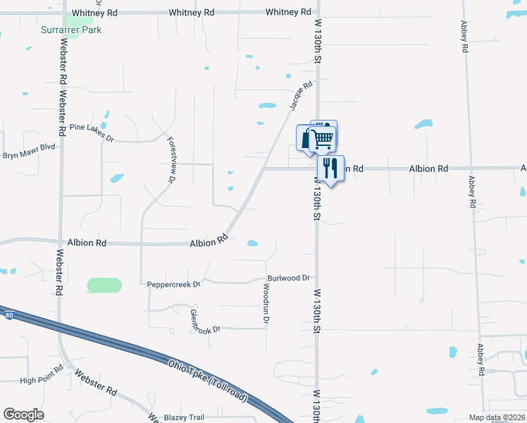 map of restaurants, bars, coffee shops, grocery stores, and more near 13509 Albion Rd in Strongsville