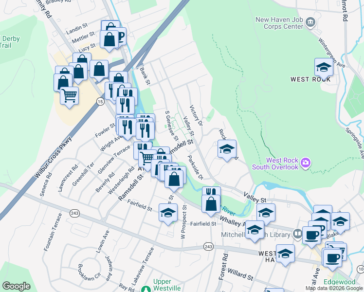 map of restaurants, bars, coffee shops, grocery stores, and more near 95 East Ramsdell Street in New Haven