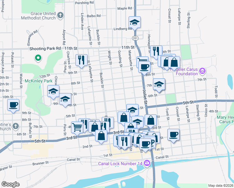 map of restaurants, bars, coffee shops, grocery stores, and more near 638 Wright Street in LaSalle