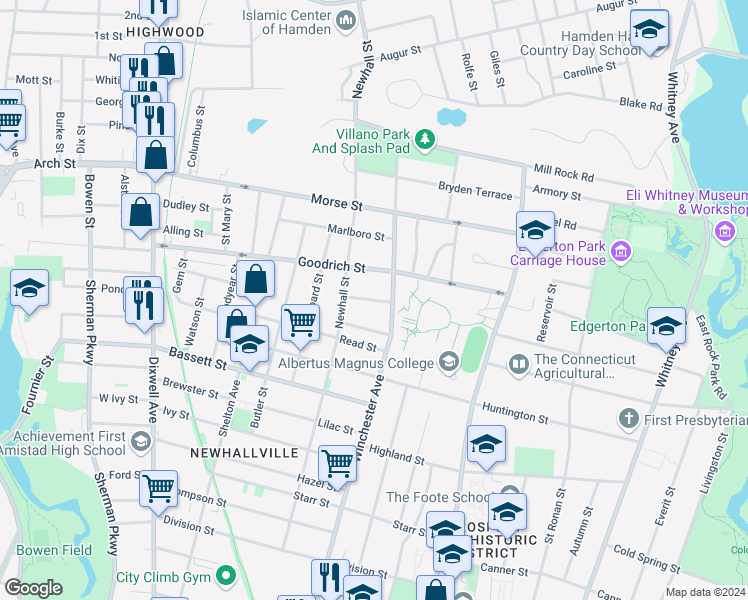 map of restaurants, bars, coffee shops, grocery stores, and more near 15 Lander Street in New Haven