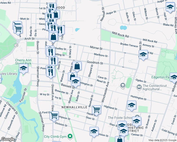 map of restaurants, bars, coffee shops, grocery stores, and more near 92 Shepard Street in New Haven